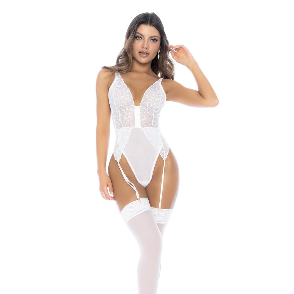 3980 8934 White Lingerie Bodysuit | Sexy Lace Up Back Teddy with Attached